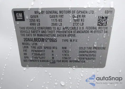 2011 Chevrolet Equinox Ls z USA, uszkodzony, nr VIN 2GNALBEC6B1270925